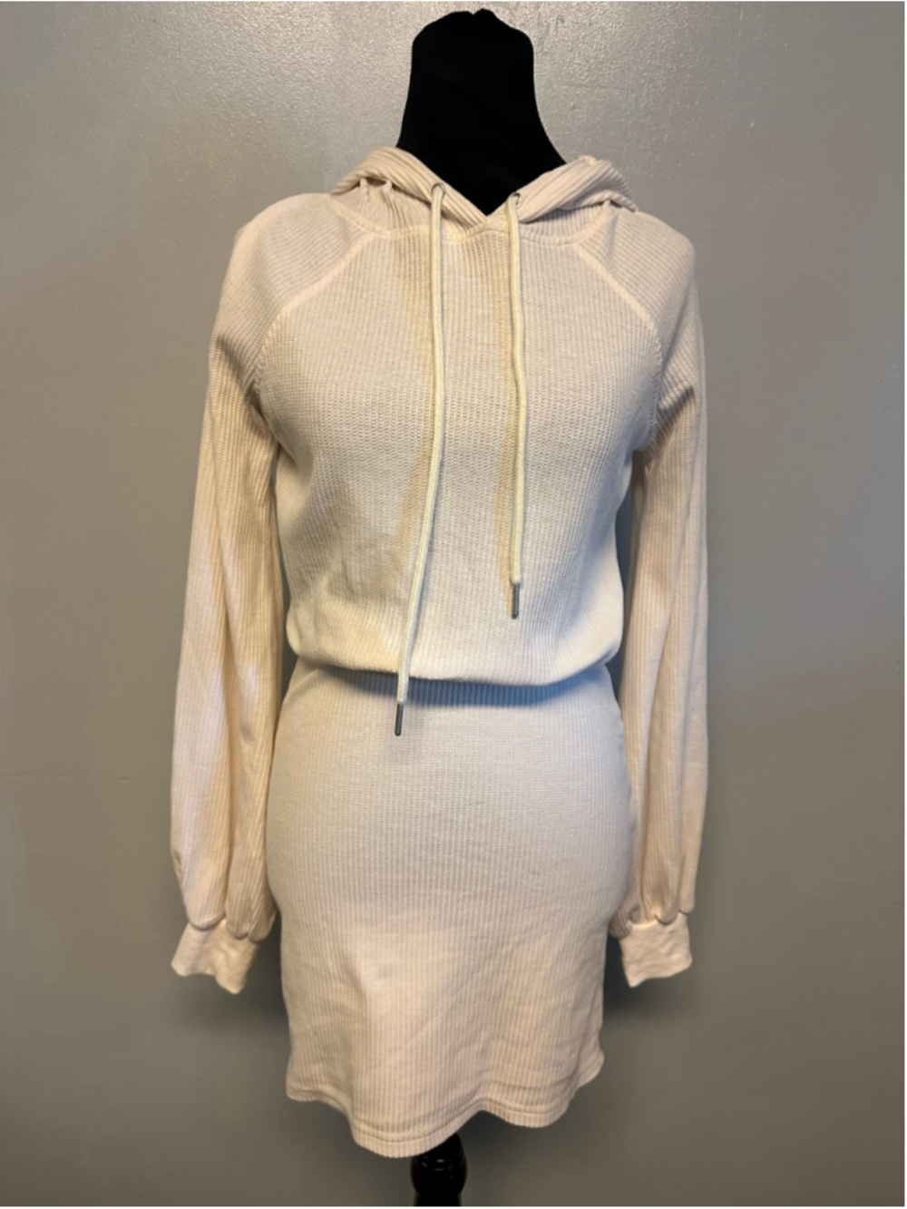 Lulus Waffle Knit Hoodie Mini Dress, Size XS, Beige Long Sleeve